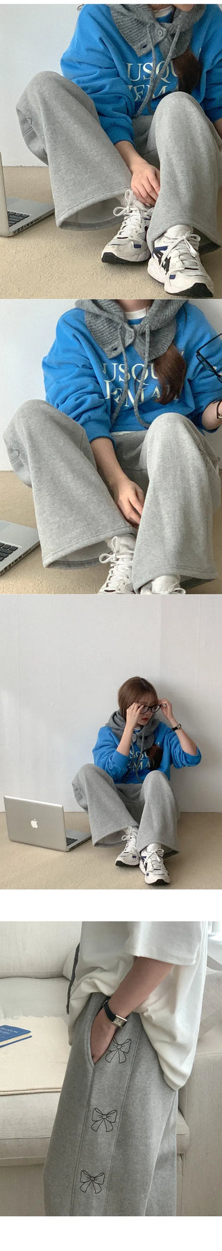 [Fleece-lined] Ribbon lettering elastic waist pants