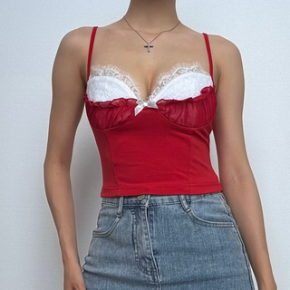 Bowknot ruffle patchwork lace cami top