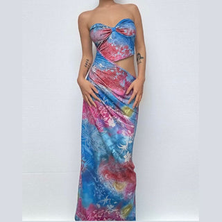 Irregular flower print hollow out slit tube cut out maxi dress