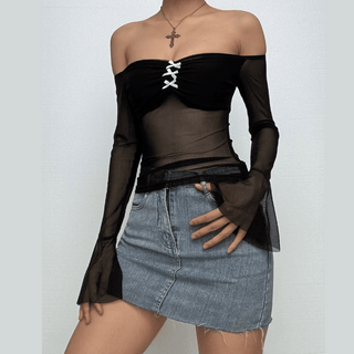 Bowknot long flared sleeve off shoulder mesh ruched top