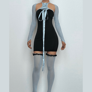 Shrug mesh long sleeve button 3 piece mini dress