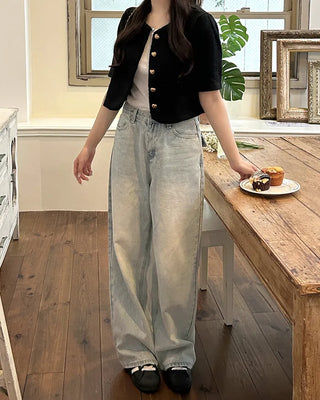 Heart gold button short-sleeved tweed jacket