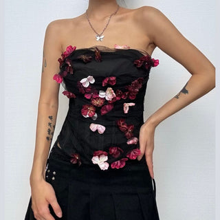 Flower applique backless corset tube top