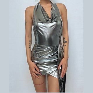 Halter ruched cowl neck metallic button mini dress