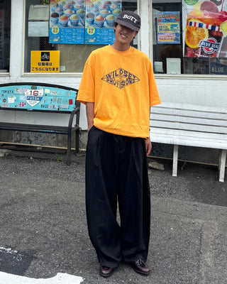 Double-pleated striped slacks