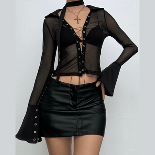 Turnover collar long sleeve mesh self tie top