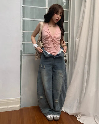 Washed distressed wide-leg denim pants