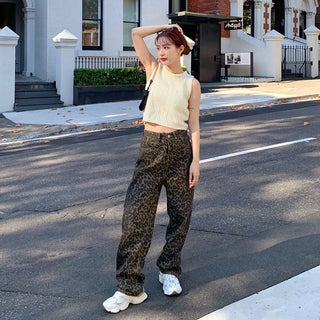 Leopard print denim pants