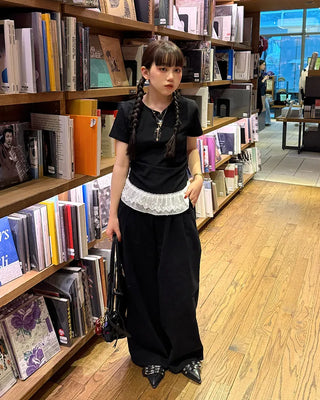 Lace Shirring Half-Sleeve T-Shirt