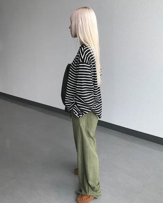 Round neck striped long-sleeve T-shirt