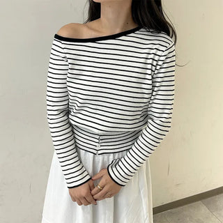 Striped Button One-Shoulder T-Shirt