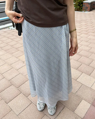 Checked sheer long skirt