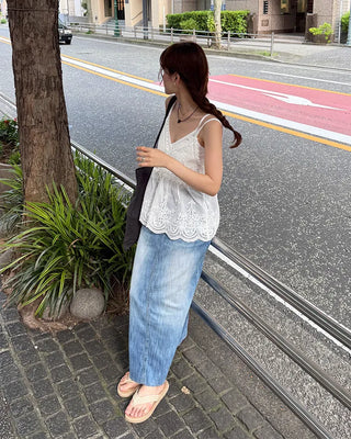 Washed long denim skirt
