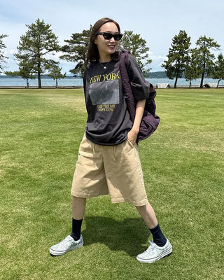 (Unisex) Cotton Wide Half Pants with Drawstring Waist