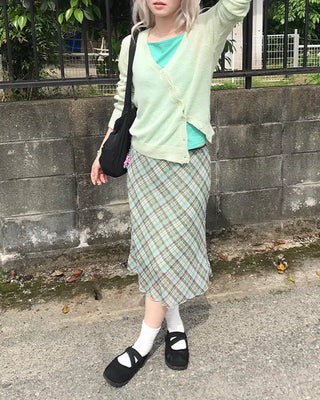Waist ribbon detail check midi skirt