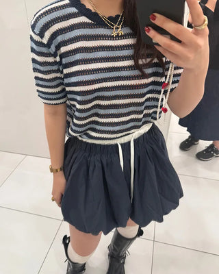 Wave Rib Border Half Sleeve Knit