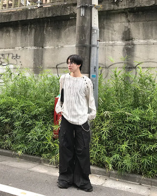 Striped button-up long-sleeved T-shirt