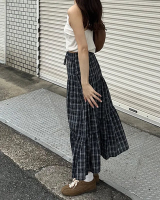 Checked frill long skirt