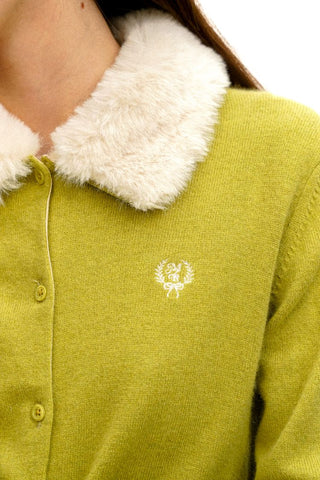 [Moromoro2] Faux Fur Collar Logo Knit  Cardigan