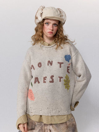 [Monterest] Distressed Crewneck Embroidered Sweater
