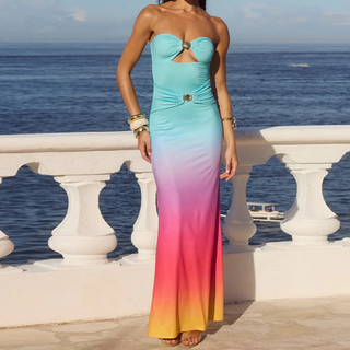 Gradient hollow out ruched tube cut out maxi dress