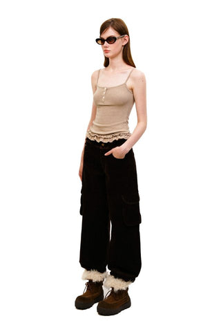 [Moromoro2] Distressed Plaid Corduroy Cargo  Pants