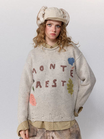 [Monterest] Distressed Crewneck Embroidered Sweater
