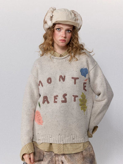 [Monterest] Distressed Crewneck Embroidered Sweater