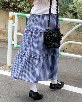 Checked tiered long skirt