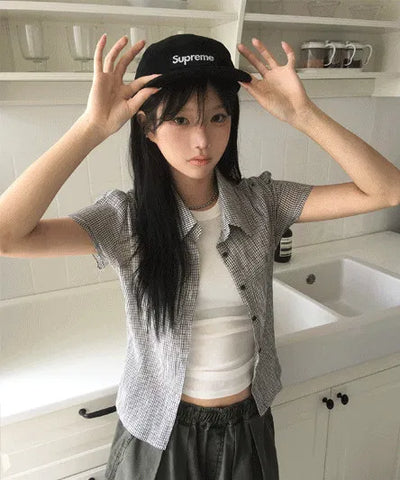 New York Shirring Short Sleeve Check Blouse BL - 2 Colors