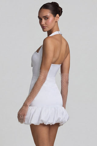 Bow-Detail Halterneck Bubble Hem Mini Dress in White