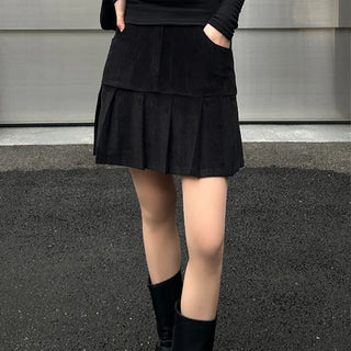 Corduroy half-pleated skirt