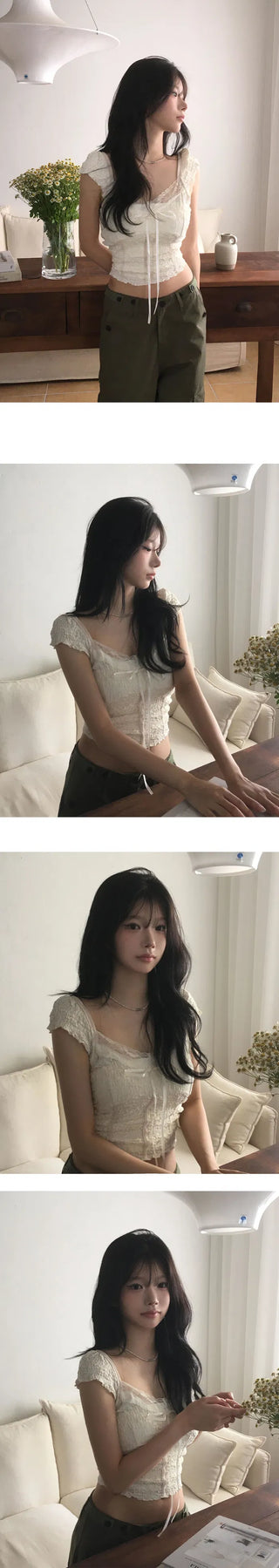 Luca Lace Ribbon Short Sleeve Blouse T-Shirt - 2 Colors
