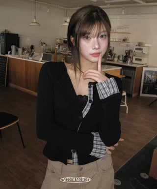 Ripple Check Color Block Round Slim Fit Cardigan - 2 Colors
