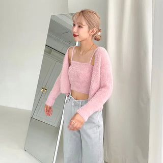 Fur Camisole Cardigan Set