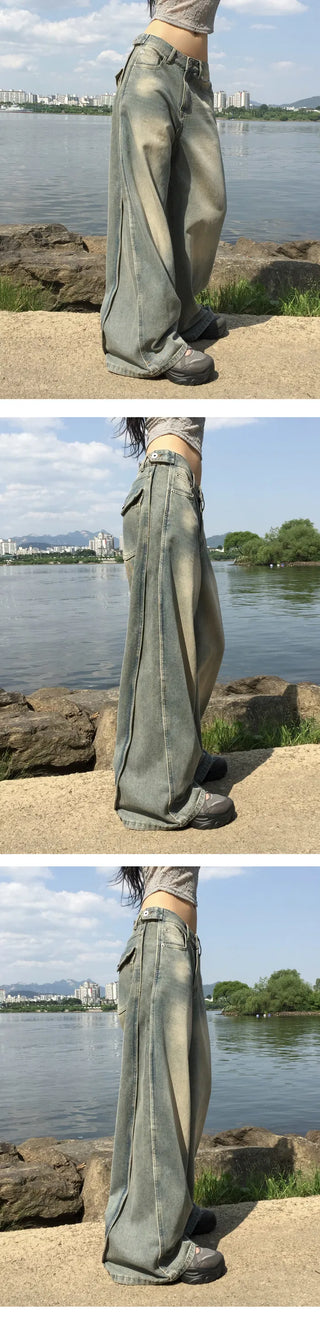 Adjustable waist/length, side Split , pin tuck , Faded denim pt - 3 colors