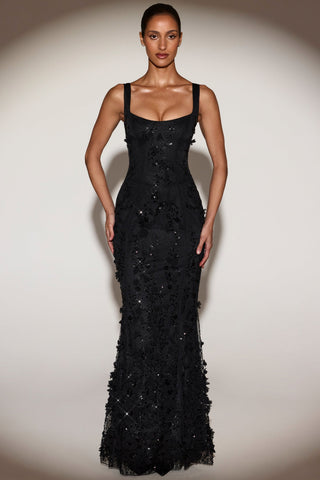 Embellished Appliqu? Soft-Scoop Corset Gown in Black