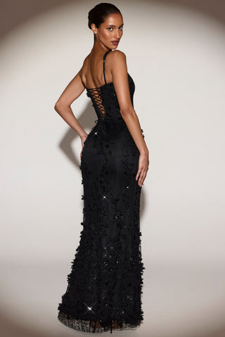 Embellished Appliqu? Soft-Scoop Corset Gown in Black