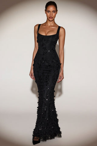 Embellished Appliqu? Soft-Scoop Corset Gown in Black