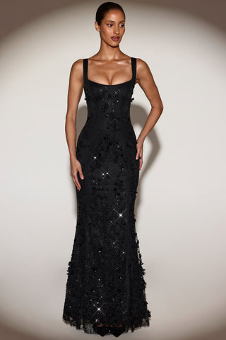 Embellished Appliqu? Soft-Scoop Corset Gown in Black
