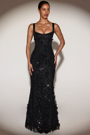 Embellished Appliqu? Soft-Scoop Corset Gown in Black
