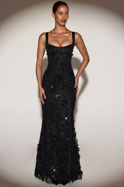 Embellished Appliqu? Soft-Scoop Corset Gown in Black