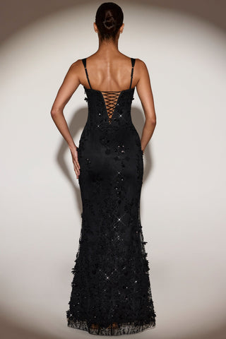 Embellished Appliqu? Soft-Scoop Corset Gown in Black