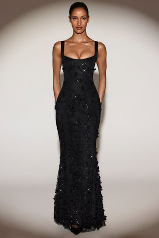 Embellished Appliqu? Soft-Scoop Corset Gown in Black