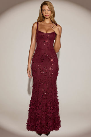 Embellished Appliqu? Soft-Scoop Corset Gown in Wine Red
