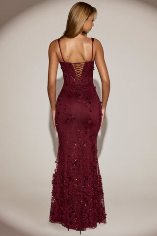 Embellished Appliqu? Soft-Scoop Corset Gown in Wine Red