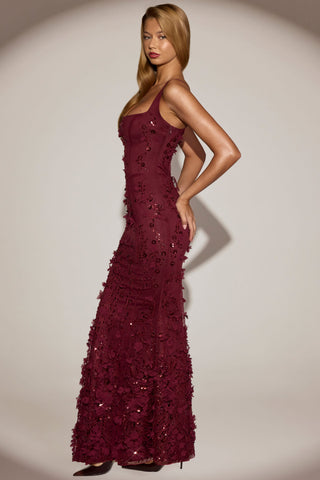 Embellished Appliqu? Soft-Scoop Corset Gown in Wine Red