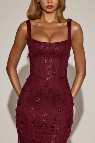 Embellished Appliqu? Soft-Scoop Corset Gown in Wine Red