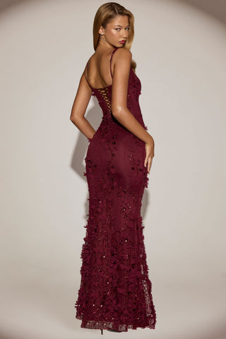 Embellished Appliqu? Soft-Scoop Corset Gown in Wine Red