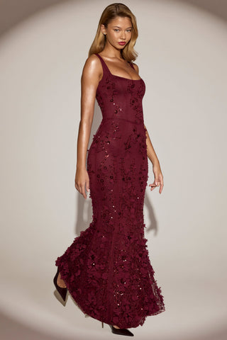 Embellished Appliqu? Soft-Scoop Corset Gown in Wine Red